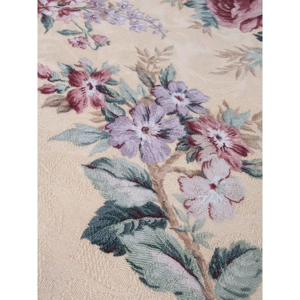 Beige Jacquard Floral Table Runner with Gold Lace Trim French Country Cottage